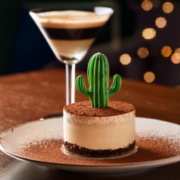 tiramasu dessert garnished with white chocolate cactus and an esspresso martini